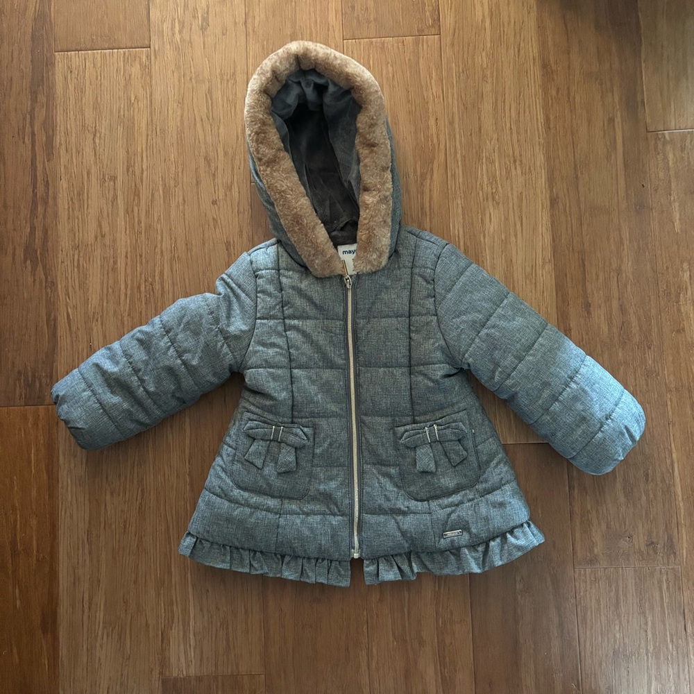 Mayoral Girls Gray Quilted Puffer Winter Coat Faux Fur Trim Hood Bows 24M
